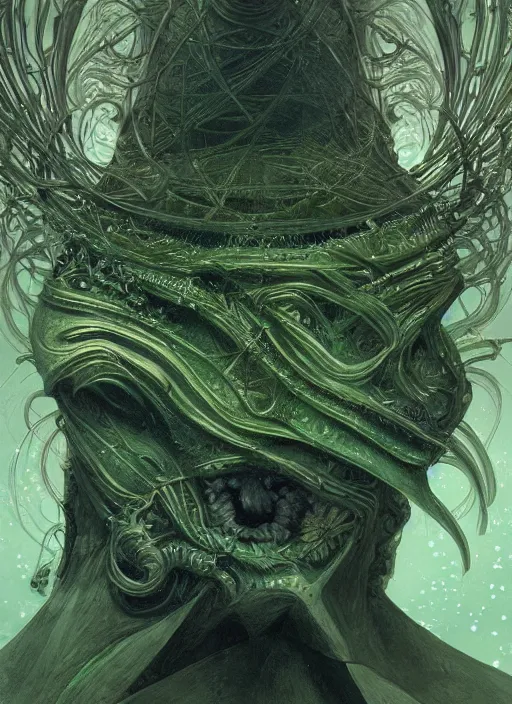 Image similar to fractal with green chins, physically accurate, moody dynamic lighting, very very intricate, very very elegant, highly detailed, digital painting, artstation, HR GIGER, Hieronymus Bosch, Francis Bacon, concept art, smooth, very beautiful, sharp focus, illustration, art by artgerm and greg rutkowski and alphonse mucha