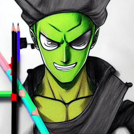 Image similar to colourful pencil sketch of zoro from one piece using mops, beautiful, masterpiece, digital art, detailed, trending on artstation