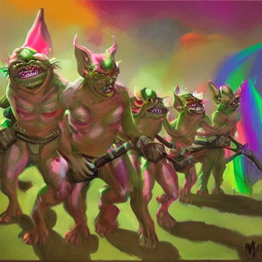 Image similar to painting of a goblin pride parade artstation rainbow color scheme