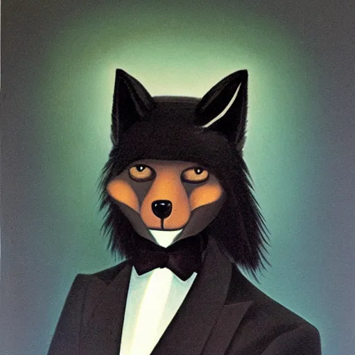 Image similar to male anthro black fox furry fursona with a black mullet in a spanish style tuxedo, 1 9 7 0 s, canvas painted by famous artist jylon denja