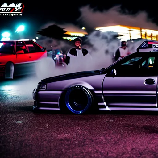 Image similar to a car JZX100 turbo drift at illegal car meet, Gunma prefecture, midnight mist lights, cinematic color, photorealistic, highly detailed wheels, highly detailed