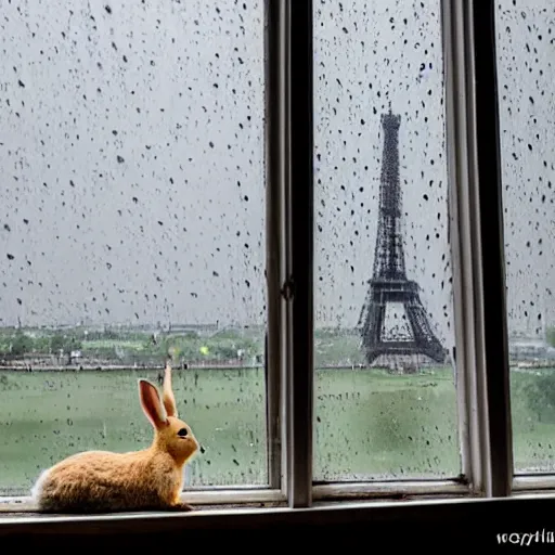 Image similar to a rabbit sits in a window, in paris, it's raining outside, there's raindrops on the window, The eiffel tower is visible out the window, it's evening