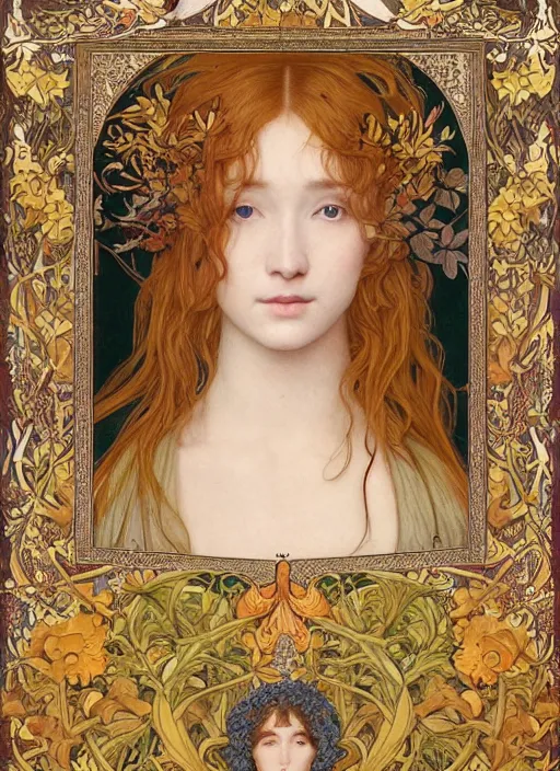 Prompt: masterpiece beautiful seductive flowing curves preraphaelite face portrait photography, extreme close up shot, straight bangs, thick set features, yellow ochre ornate medieval dress, miho hirano, amongst foliage mushroom forest circle arch, william morris and kilian eng and mucha, framed, 4 k