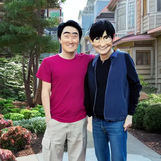 Image similar to hiro and tadashi hamada standing in front of their home in san fransokyo, pixar film,