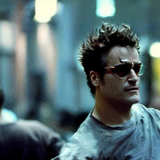 Image similar to joaquin phoenix in the street, in fight club film still cinematography by david fincher