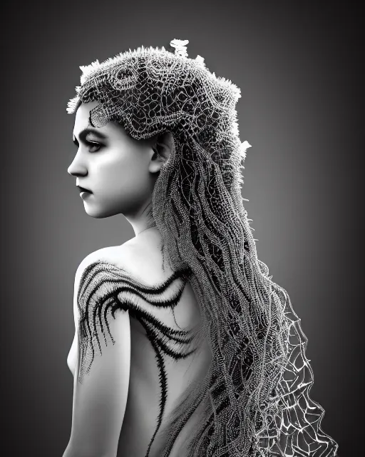 Image similar to surreal mythical dreamy artistic black and white fine art photo of a beautiful young female queen - medusa - vampire - cyborg covered with lace fish scales and translucent algae, highly detailed, intricate crystal ivy lace jelly fish scales ornate, poetic, octane render, 8 k, photo - realistic