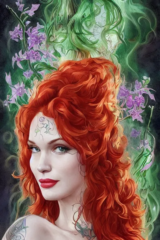 Image similar to three-quarters pose portrait of Christina Hendricks as Poison Ivy, very beautiful young woman, ginger wavy hair, Intricate, nature and flowers tattoos and imagery themed, D&D!, fantasy style, sharp focus!, ultra detailed, art by Artgerm and Peter Andrew Jones, WLUP