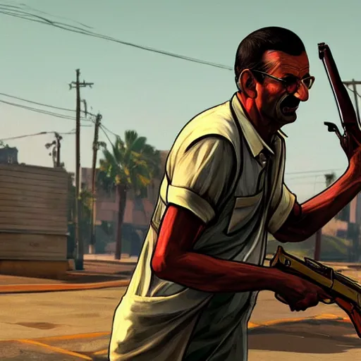 Prompt: Gandhi carrying a weapon in GTA V, cover art by Stephen Bliss, artstation