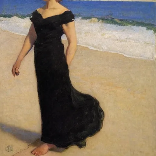 Image similar to woman on the beach, black dress, facing front, part leyendecker style, part dean cornwell style