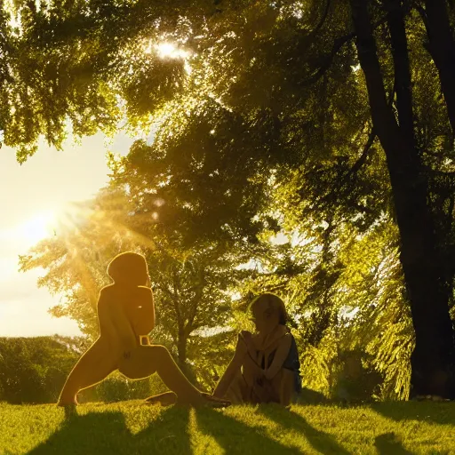 Image similar to Photograph. Conceptual art, the warm, golden light of the sun casts a beautiful glow on the scene, and the gentle breeze ruffles the leaves of the trees. The figures in the conceptual art are engaged in a simple activity, the way they are positioned and the expressions on their faces suggest a deep connection. Peace and contentment, idyllic setting. Shutterstock by Brian Despain, by Andrew Macara washed-out