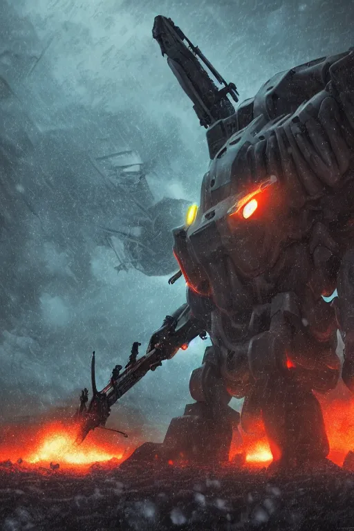 Prompt: magazine cover, cthulhu iron giant war mech with a huge rifle in tokyo city, lighting, alien invasion, modern buildings, winter landscape, snowstorm, establishing shot, metal texture, apocalypse, explosion scene, thick smoke, 8 k, super realistic, cinematic composition, by gustav dore