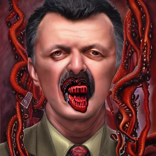 Prompt: igor ivanovich strelkov became an aggressive bloody lovecraftian degenerate worm calling for total mobilization, photo - realistic, color image, 2 k, highly detailed, bodyhorror, occult art