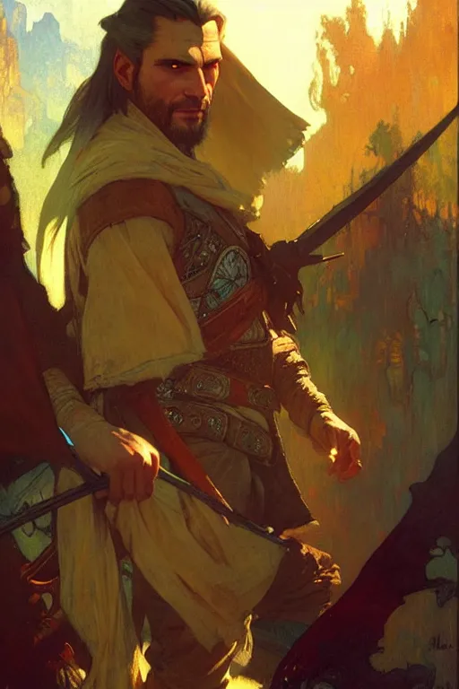 Image similar to attractive man, witcher, cool colors, painting by gaston bussiere, craig mullins, greg rutkowski, alphonse mucha