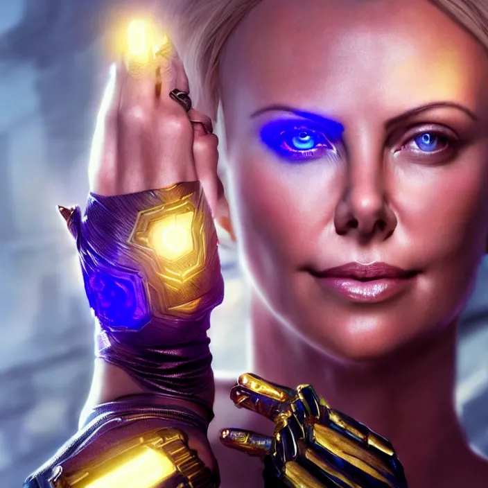 Image similar to portrait of (Charlize Theron), wearing The Infinity Gauntlet!! intricate artwork. octane render, trending on artstation, very coherent symmetrical artwork. thanos. cinematic, hyper realism, high detail, octane render, 8k, iridescent accents