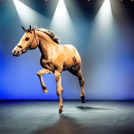 Image similar to horse ballerina performing on stage, dramatic lighting, award winning show