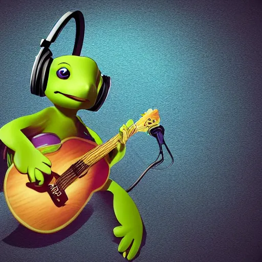 Image similar to turtle with headphones singing in music studio