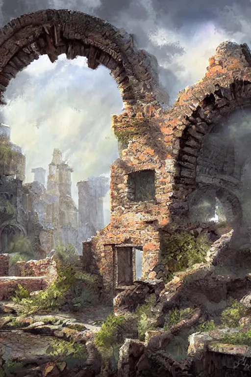 Prompt: digital painting detailed Old Ruins stone candy sky from magic the gathering by James gurney