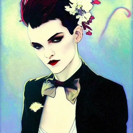 Image similar to beautiful portrait of androgynous ruby rose as desire from sandman in a white tuxedo!!!, rockabilly style,, by alphonse mucha, by jeremy mann, by peter lindbergh, dave mckean, by frank moth, white suit and black tie, soft lightning, high detailed, 8 k