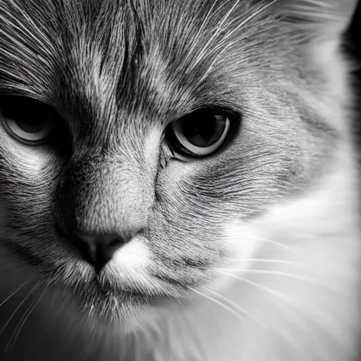 Prompt: fluffy black and white cat portrait, dilated pupils, white fur under eyes, aesthetic highly detailed soft fur, professionally shot photorealistic 8k photograph, 35mm Canon EOS R3, rendered in octane, by Natalie Große and Jason Allison