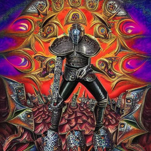 Image similar to medieval fantasy armored knight, by alex grey, TOOL band art, psychedelic, fractals, detailed, 8K