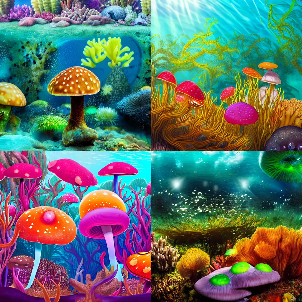 Prompt: underwater mushroom forest, colorful mushrooms, kelp in the background, sunrays shining down from the top, colorful nudibranchs crawling along the ocean floor, photorealistic