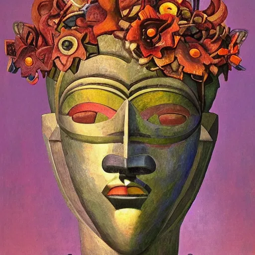 Prompt: head of a beautiful boy wearing a mask made of metal flowers, by diego rivera and john watkiss, art deco shaman, stylized flowers, art brut, symbolist, dramatic lighting, god rays, iridescent beetles, clean crisp graphics, smooth sharp focus, extremely detailed