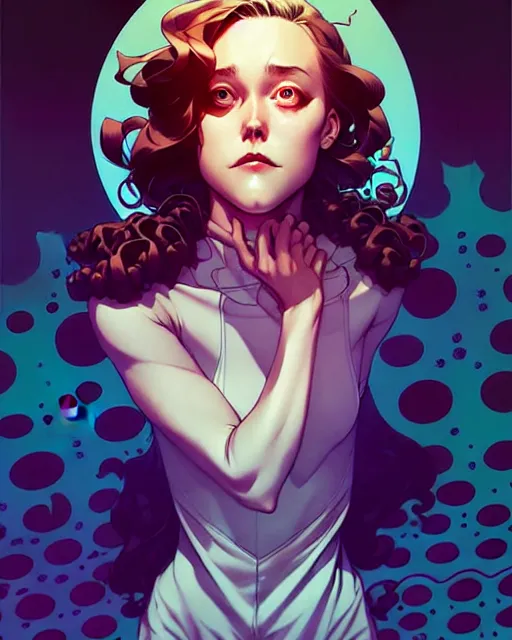 Image similar to artgerm, joshua middleton comic cover art, pretty full body serial killer maika monroe creepy smiling, full body, symmetrical eyes, symmetrical face, long curly brown hair, standing in front of an abandoned house background