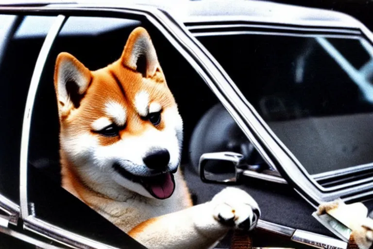 Image similar to picture of a shiba inu driving a car, 1 9 7 0 s