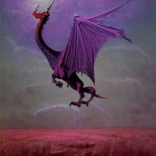 Image similar to a texturized beksinski dragon, flying through space, surrounded by purple novas, painting by Chet Zar