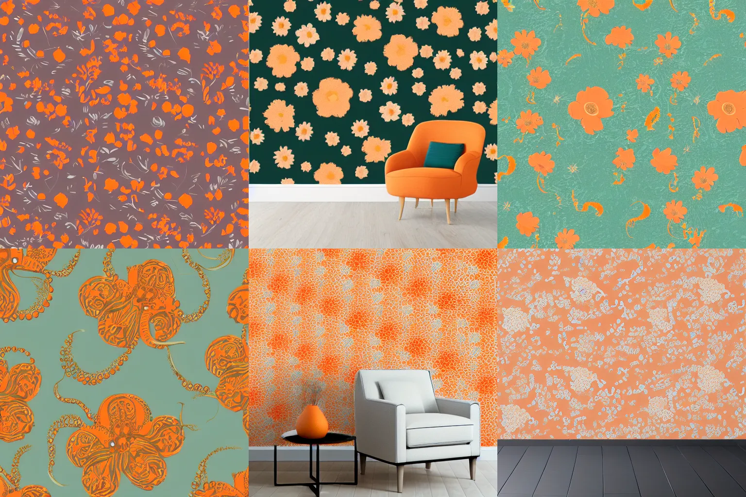 Prompt: minimalistic floral wallpaper texture with small two tone grass and flowers, an octopus in the middle, orange pastel colors