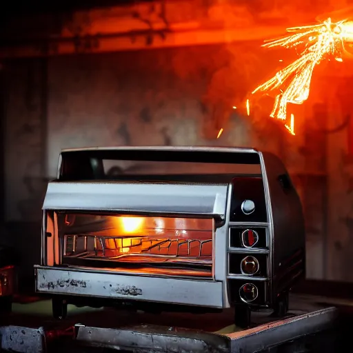 Image similar to toaster oven mecha head, dark messy smoke - filled cluttered workshop, dark, dramatic lighting, orange tint, sparks, cinematic, highly detailed, sci - fi, futuristic, movie still