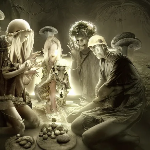 Prompt: mushroom goddess with group of elders, discussing the new season of friends, cynical realism, hiroya oku painterly, yoshitaka amano, chris cunningham, black and white, beautiful lighting, 3 d render, 8 k