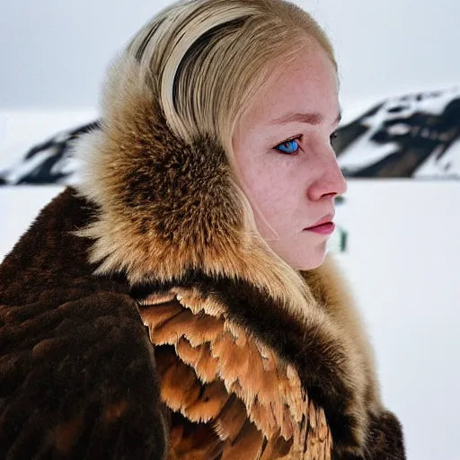 Image similar to symmetry!! portrait photograph of an extremely beautiful!!!! young blonde female with symmetric face. with a very detailed barn owl!!!!! on her shoulder. wearing traditional greenlandic national costume or kalaallisuut. in iceland. petzval lens. shallow depth of field. polaroid featured on flickr, art photography,