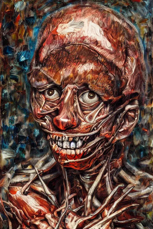 Image similar to highly detailed and textured palette knife painting, deformed anatomical portrait, emotional, dark sky, horror, in the style of Ernie Barnes and Jenny Saville, cgsociety, in a landscape of bones