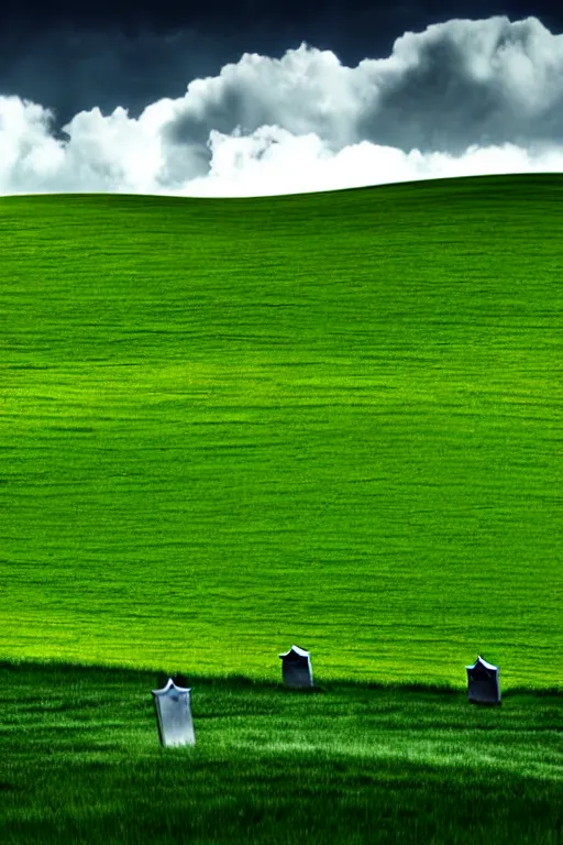 Image similar to windows xp hills screensaver with a graveyard in front, gloomy