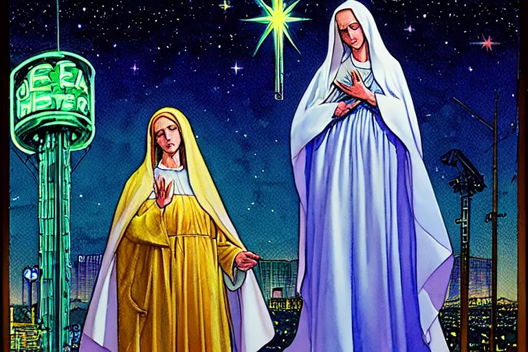 Image similar to a hyperrealist watercolour character concept art portrait of the blessed virgin mary protecting the city from an alien invasion on well lit starry night in las vegas, nevada. neon lights. there is a man in black. by rebecca guay, michael kaluta, charles vess and jean moebius giraud