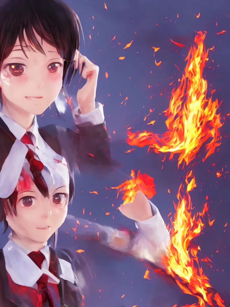 Prompt: Portrait of a Japanese schoolgirl with short hair in school uniform causing flames in a moment of rage, ultra detailed, artstation, 8k, photorealistic, digital anime art.