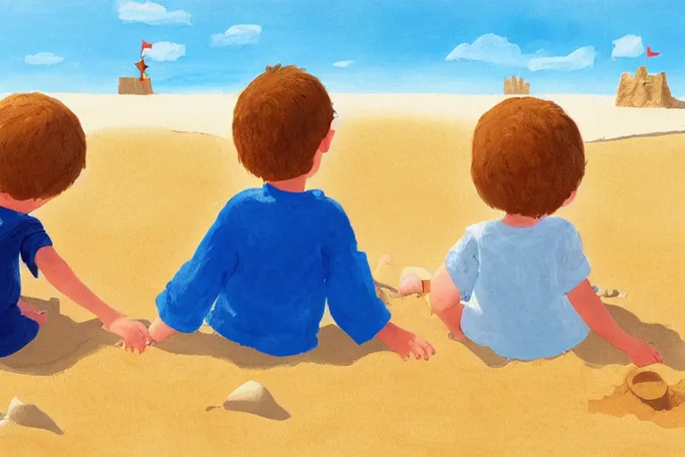 Prompt: Two happy children sitting on the beach making sandcastles, blue sky, HD, by Benji Davies
