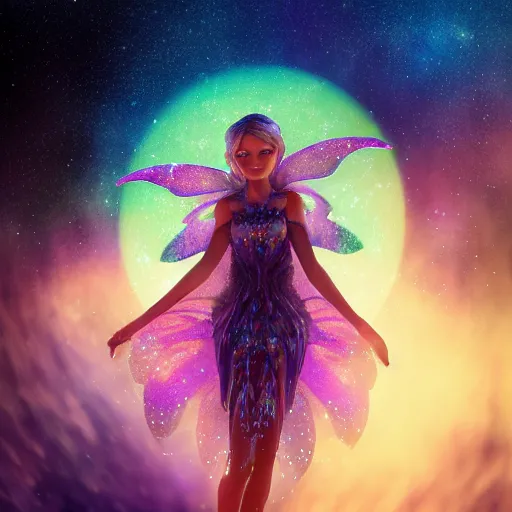 Image similar to portrait of a magical fairy made of galaxies, highly detailed, realistic, octane render, comic book art, space travel, unreal engine, sharp focus, splashes of colors