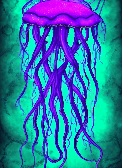 Prompt: lovecraftian jellyfish, ethereal, digital art, green and purple accents