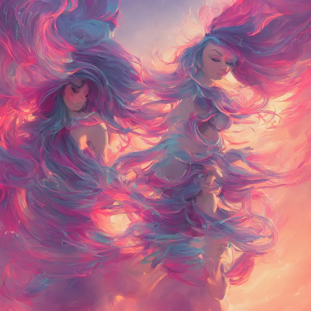 Prompt: a colorful and provenance illustrations painting of the fantasy female flying floral wing, highly detailed, her hair made of hair made of air wind and curling smoke, mist, dust, genie, spirit fantasy concept art, art by aenami, alena, afshar, petros and leonid, trending on artstation.