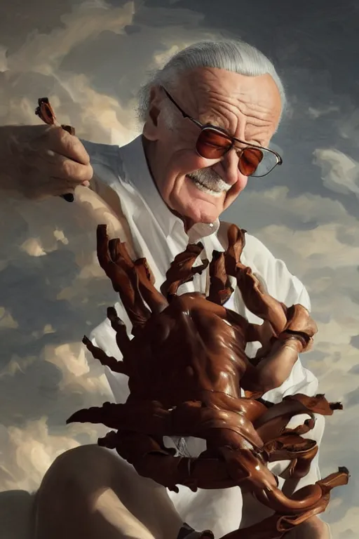 Image similar to Stan Lee on a caravaggio cloudy background, intricate, elegant, highly detailed, artstation, concept art, smooth, sharp focus, illustration, , digital art from artstation, digital art from deviantart, by Stjepan Sejic, Ruan Jia, and Mandy Jurgens, and Artgerm, and william adolphe bouguereau