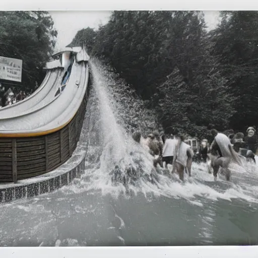 Image similar to 1 9 9 0 s vintage polaroid photograph of a log flume going down a slide making a big splash, during the day, crowd of people getting splashed with water, weathered image artifacts