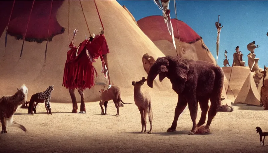 Image similar to movie still by alejandro jodorowsky of a circus with animals in the desert, cinestill 8 0 0 t eastmancolor technicolor, high quality, very detailed, heavy grain, fine facial features, 8 k, octane render