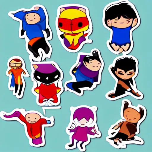 Image similar to sharp lines, illustrated emoti sticker sheet. chibi characters playing sports in animal onesies, white background, clear lines, ready to print, vinyl decal