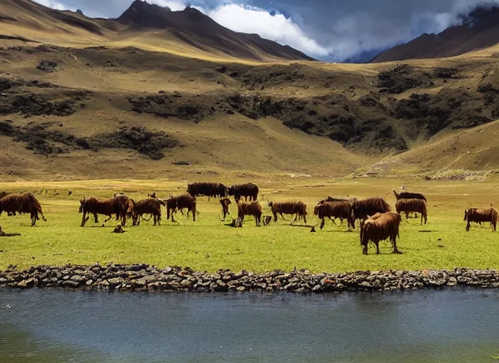 Prompt: beautiful Peruvian Andean landscape with herd animals