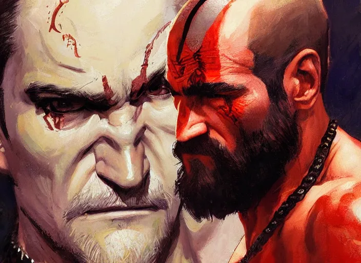 Image similar to a highly detailed beautiful portrait of tarantino as kratos, by gregory manchess, james gurney, james jean