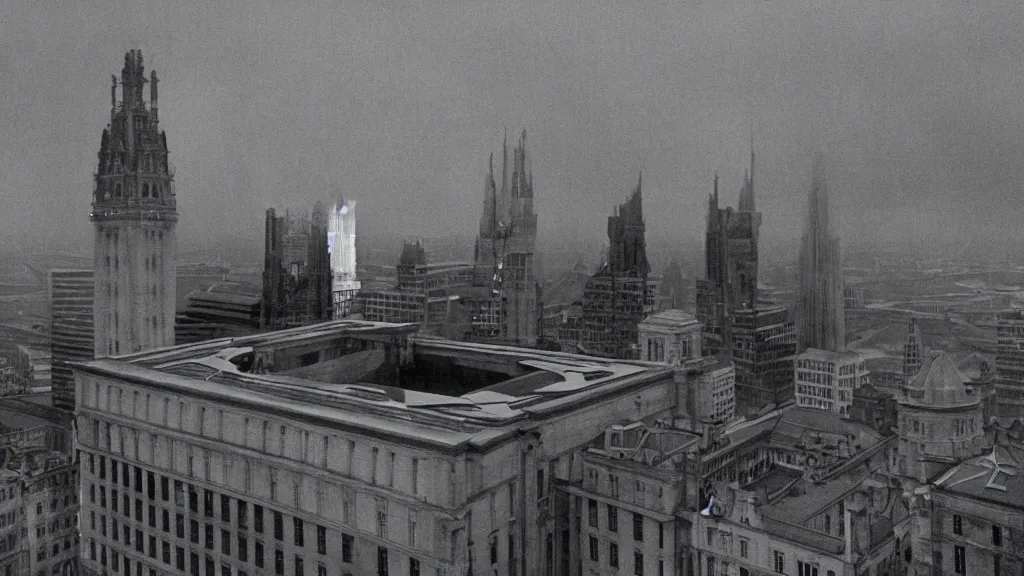 Image similar to the roof of city hall opens up, film still from the movie directed by christopher nolan and david cronenberg with art direction by zdzisław beksinski and dr. seuss