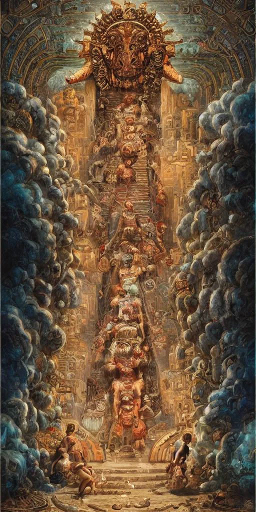 Image similar to a stunning and noble highly detailed romantic period style painting of the place where aztec gods come into being by james jean, josep tapiro baro and harles sillem lidderdale, trending on artstation, oil painting masterpiece, symmetry, rule of thirds, mysterious