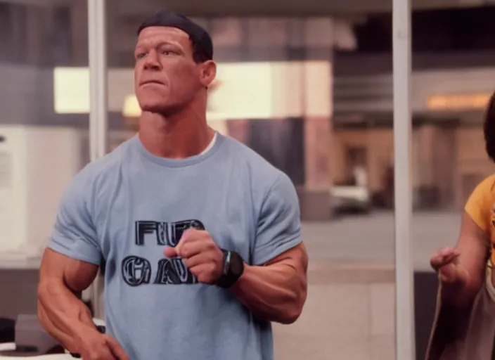 Prompt: film still of john cena as nada in bank scene in they live 1 9 8 8